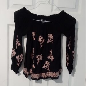 American Eagle Outfitters BlackBabydoll Y2K Top with Pink Floral Pattern